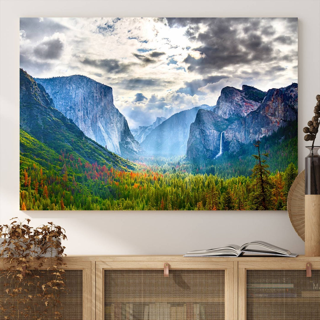 The Yosemite Park Half Dome 3 Panel Canvas Print beautifully captures the enchanting beauty of national parks with its vibrant mountain and forest scene. This large giclée landscape wall art is perfect for living rooms, offices, or bedrooms and comes ready to hang.