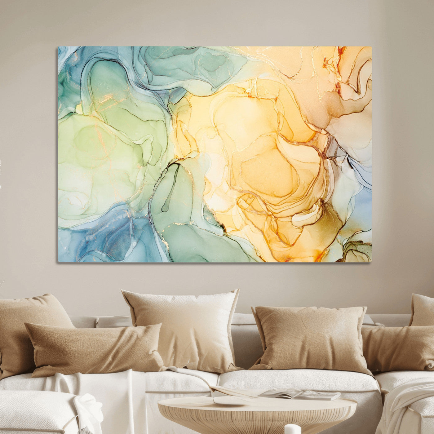 42195-MGV-CV-36X24-Green and Yellow Marble Fluid Effect Wall Art, Green and Yellow Marble Canvas Wall Art Print