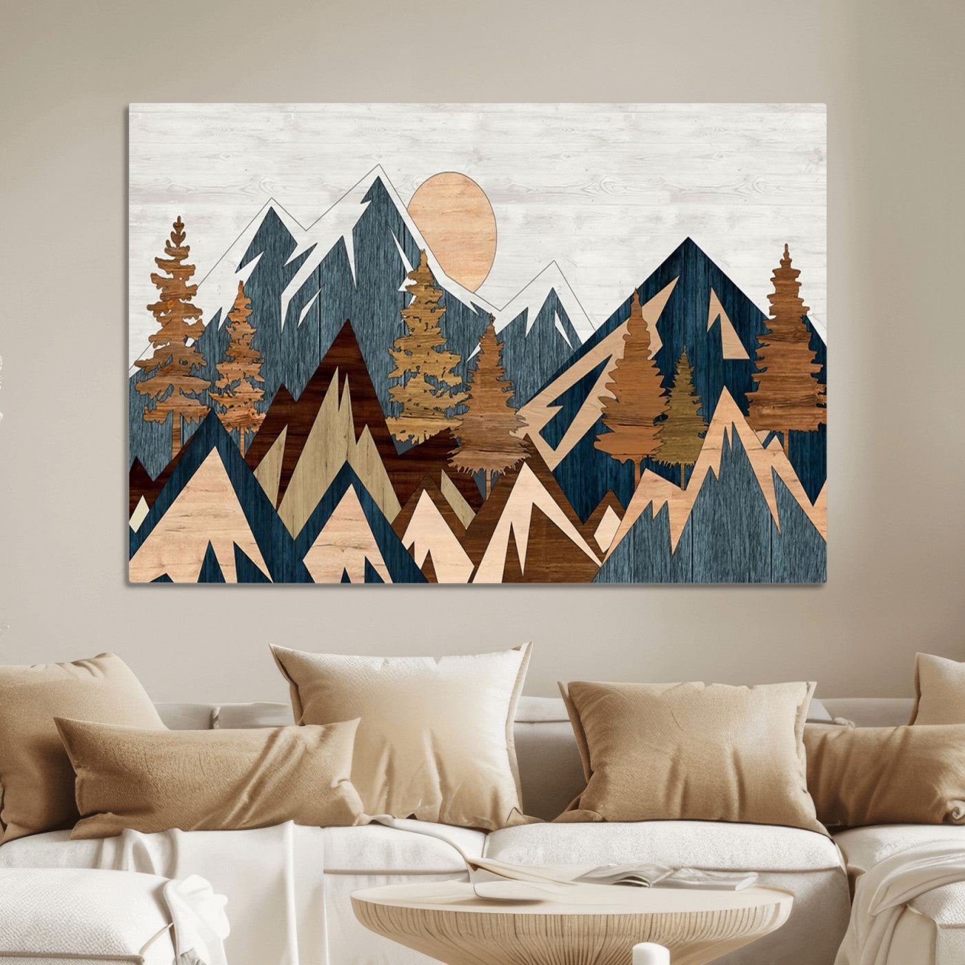 91467-MGV-CV-36X24-Abstract Wood Panel Effect Mountain Range Top Wall Art Canvas Print