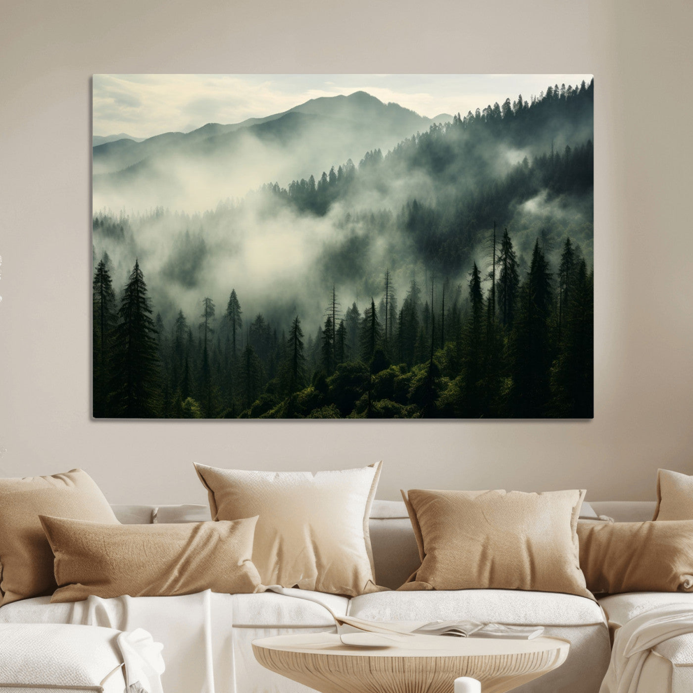 25295-MGV-CV-36X24-Captivating Misty Forest Wall Art Premium Canvas Print a Foggy and Serene Atmosphere