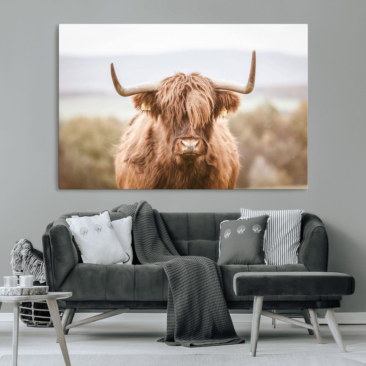 MGV-CV-36X24 - Scottish Serene Highland Cow Canvas Wall Art – Serene Highland Cow in Natural Pastel Tones – Ready