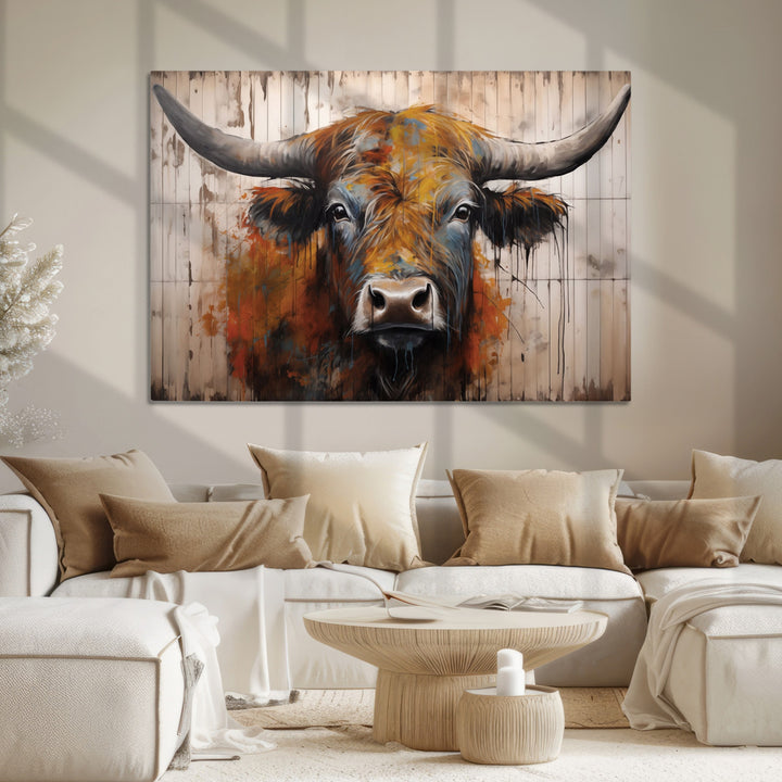 Scottish Highland Cow Cattle Art Print on Wood Style Background