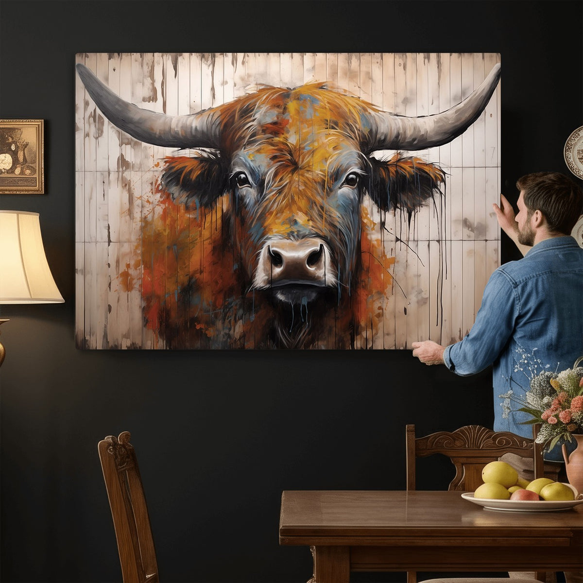 47284-MGV-CV-24X16 - Abstract Bull Highland Cow Canvas Wall Art Print