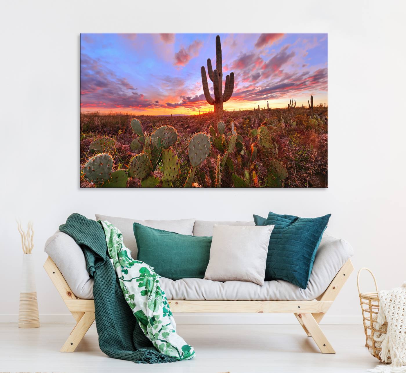 The Arizona Desert Sunset Wall Art Canvas Print hangs prominently.