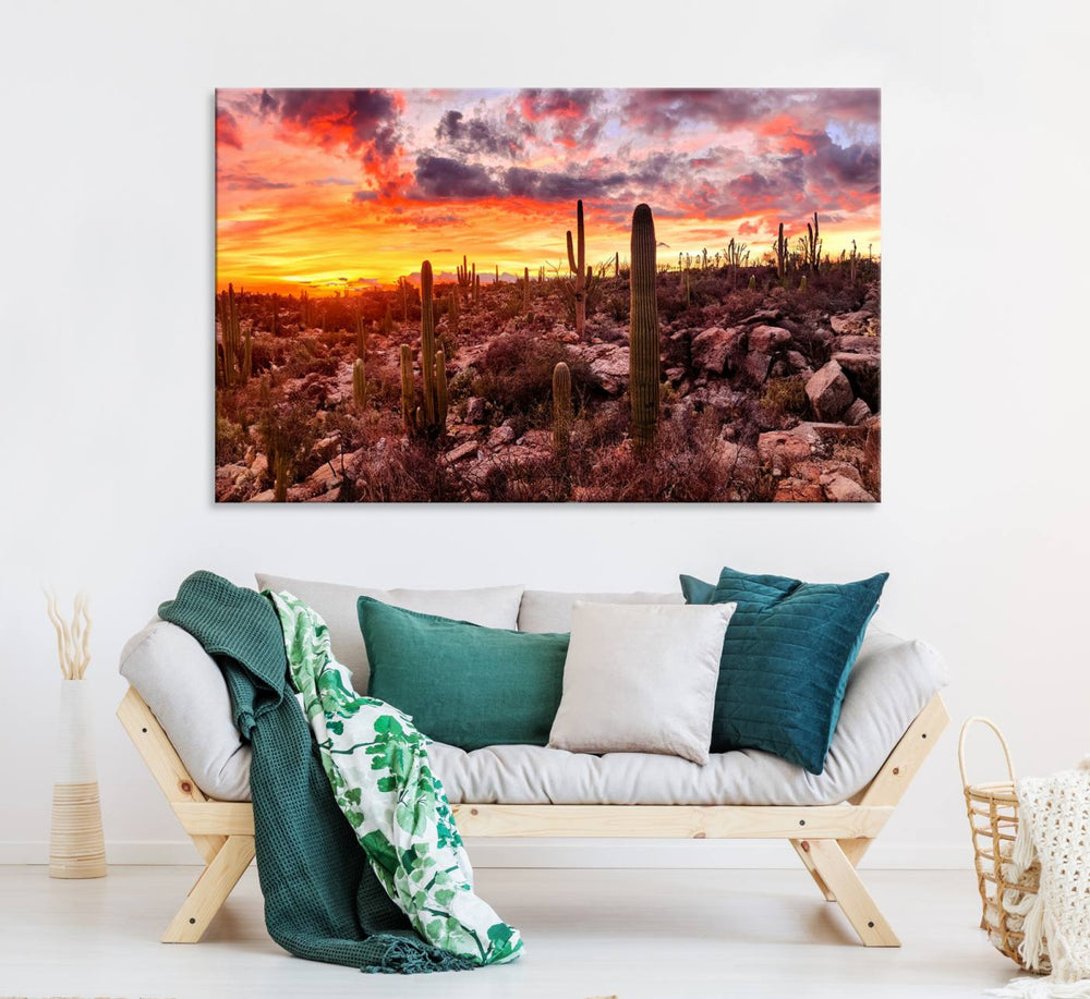 A vibrant desert sunset with cacti, perfect Western Cowboy Wall Art Print.