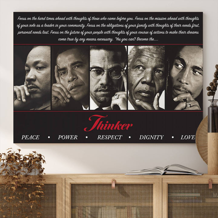 Thinker Wall art, Martin, Obama, Malcolm X, Mandela, Marley, Thinker Quintet Peace Power Respect Dignity Love Canvas Print, African Art Gift