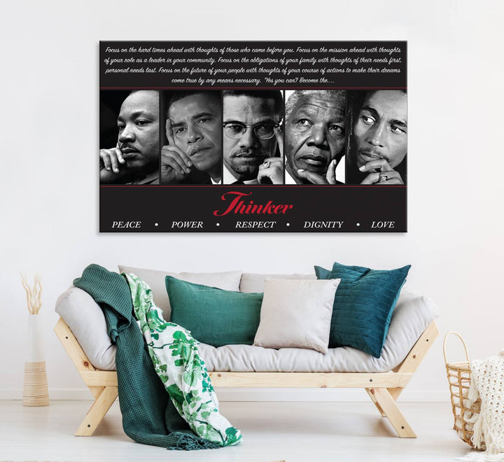 The Thinker Quintet Canvas Wall Art features portraits of Martin, Obama, Malcolm X, Mandela, and Marley, each representing virtues such as Peace and Power.