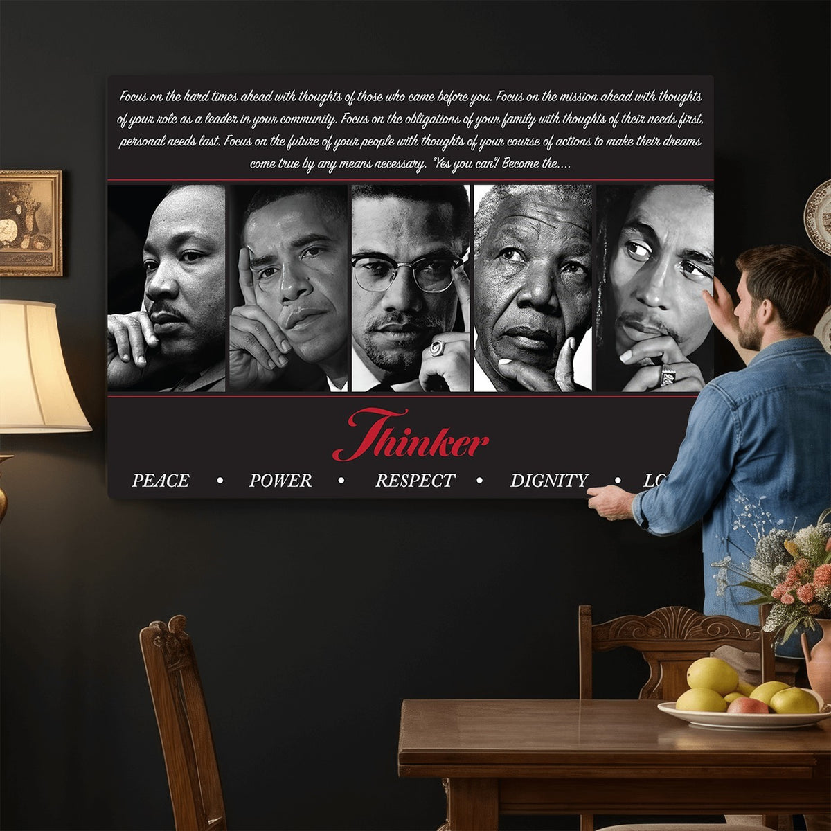 45112-MGV-CV-24X16 - Thinker Quintet Canvas Wall Art | Martin, Obama, Malcolm X, Mandela, Marley, Peace Power Respect Dignity Love