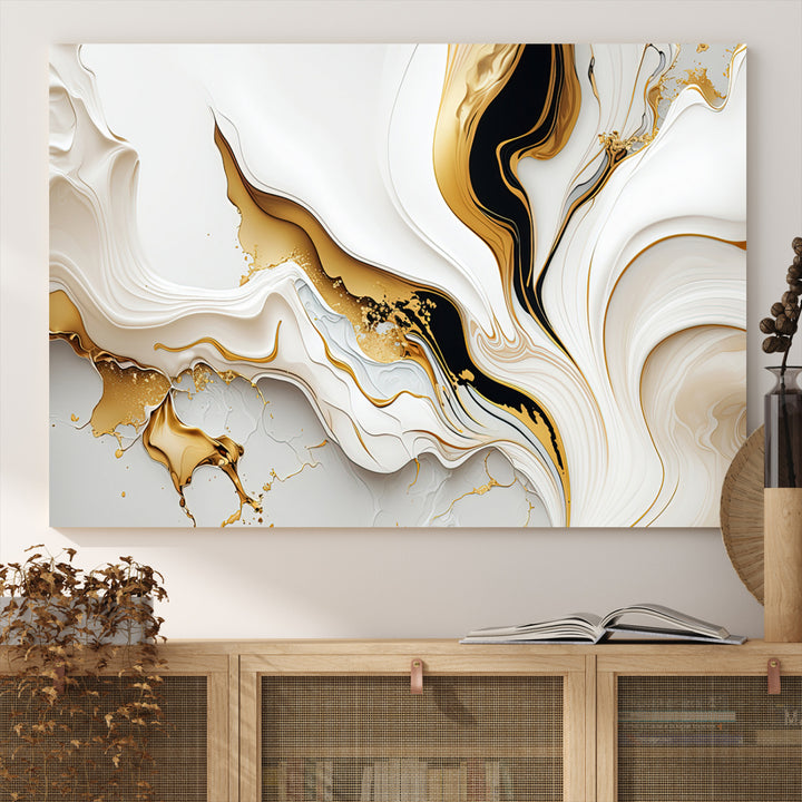 Modern interiors showcase Gold Waves on Pure White Canvas.