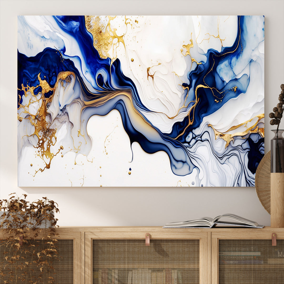 Golden Cascades on Midnight Blue wall art swirls above, featuring gold and white accents.