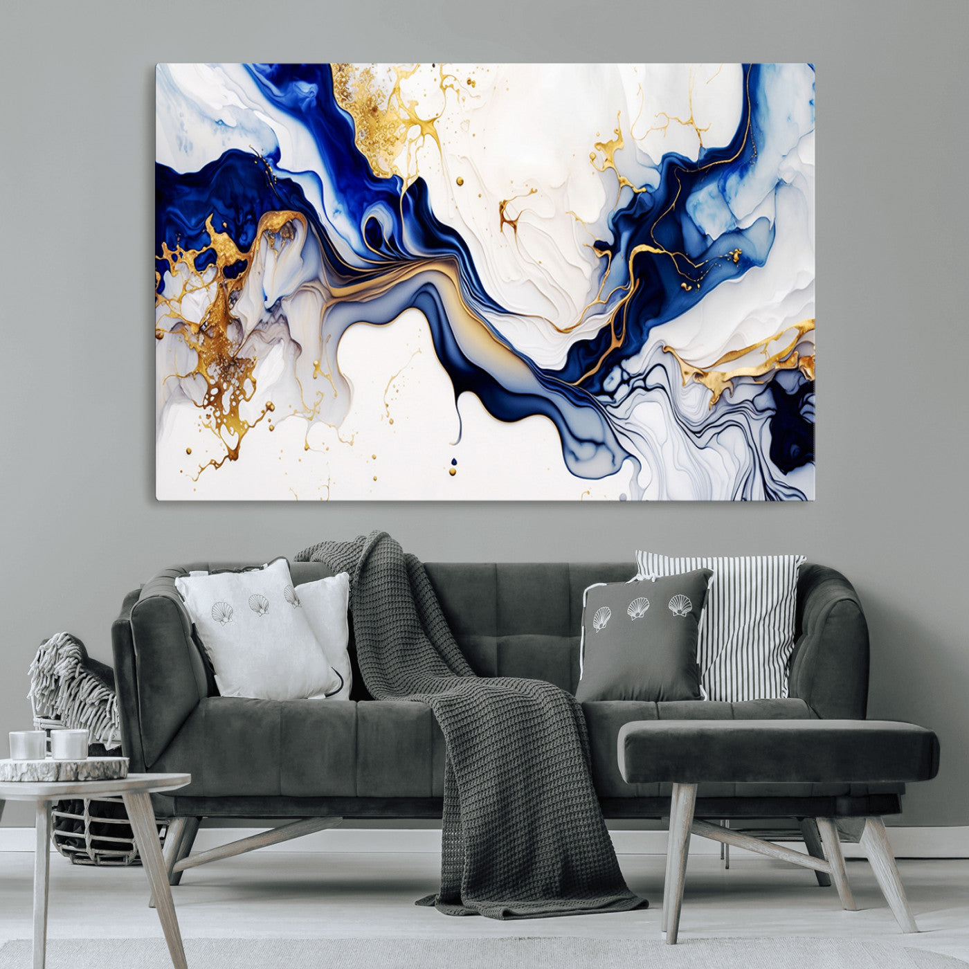 MGV-CV-36X24 - Golden Cascades on Midnight Blue – Deep Blue Abstract Wall Art Flowing Elegance | Wall Art Canvas,
