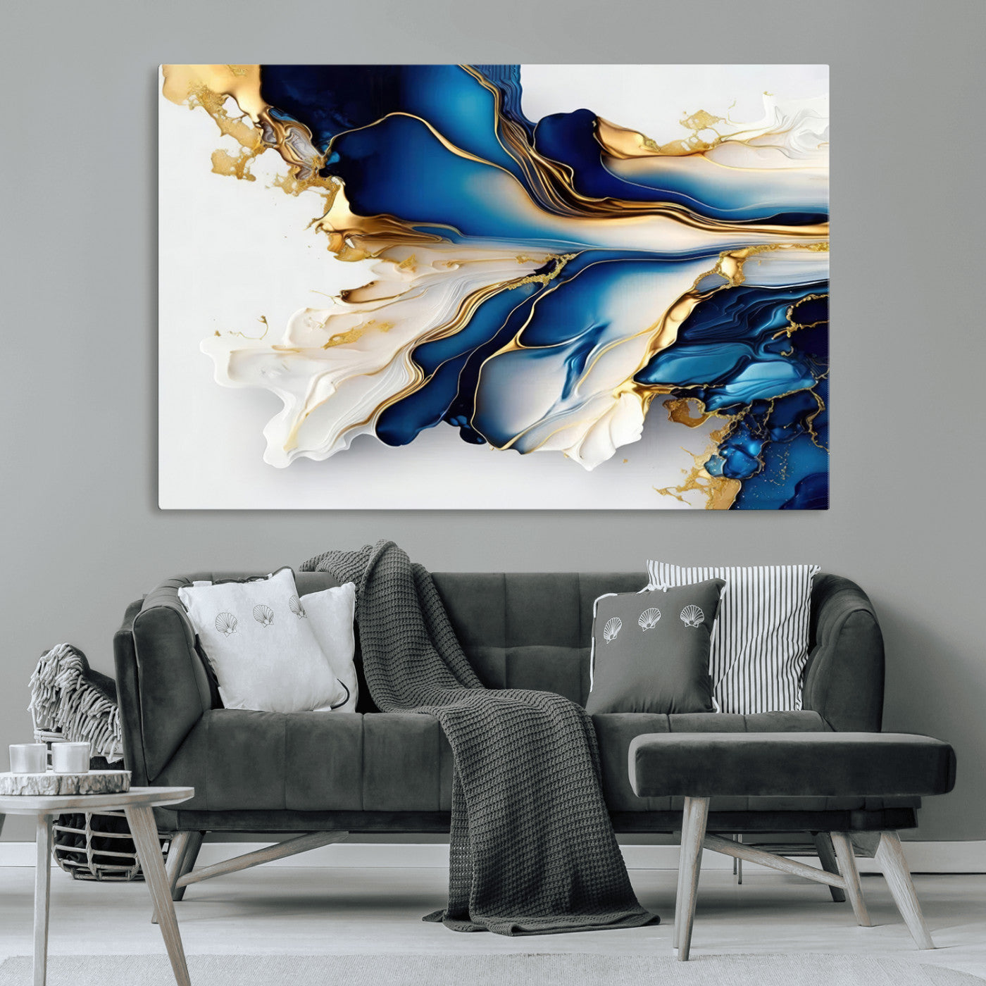 MGV-CV-36X24 - Gold Marble Art - Abstract Geode Gold And Blue Marble Shape 3 Pieces Wall Art Canvas Print