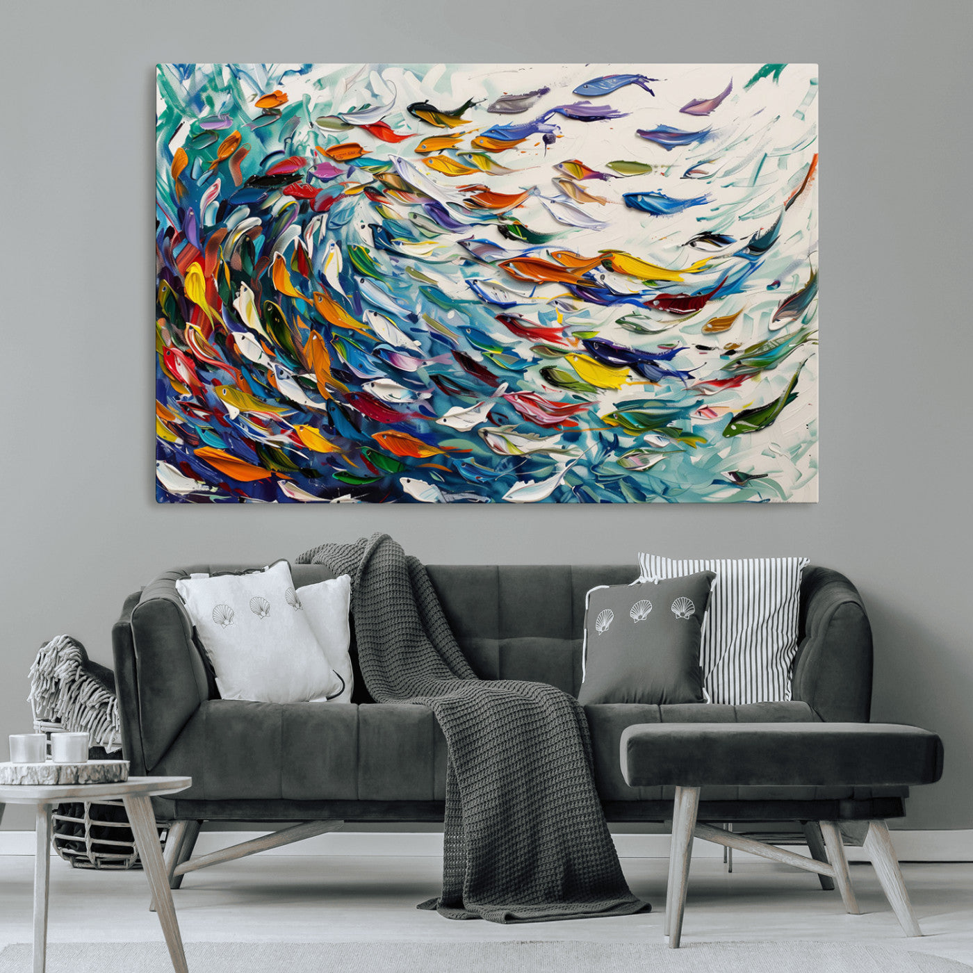 MGV-CV-36X24 - Modern Abstract Fish Shoal Wall Art Canvas Print, Colorful Fish Herd Painting on Canvas Print, Ocean