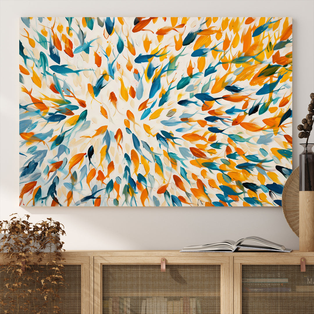 Abstract Fish Shoal Wall Art Canvas Print, Colorful Fish Herd Painting on Canvas Print, Ocean Animal Artwork, Ready to Hang