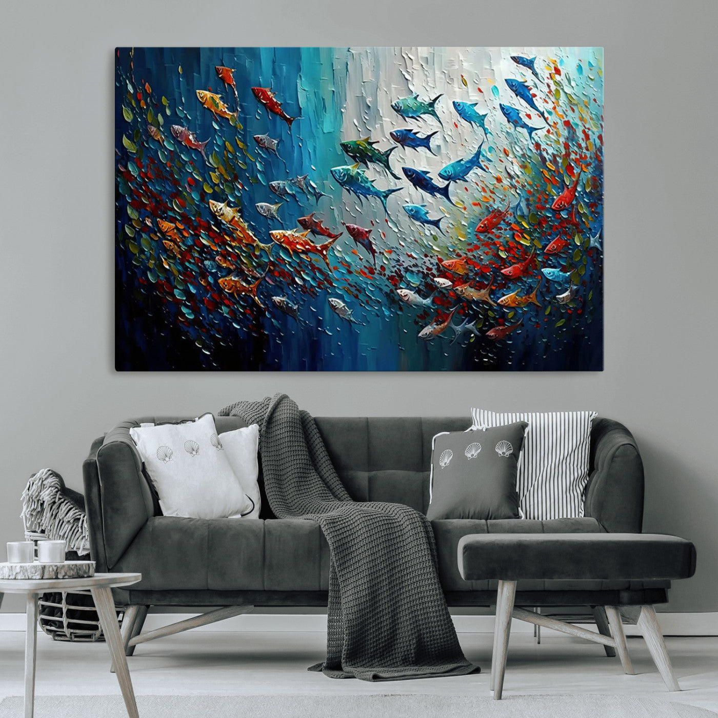 MGV-CV-36X24 - Modern Abstract Fish Shoal Wall Art Canvas Print, Colorful Fish Herd Painting on Canvas Print, Ocean
