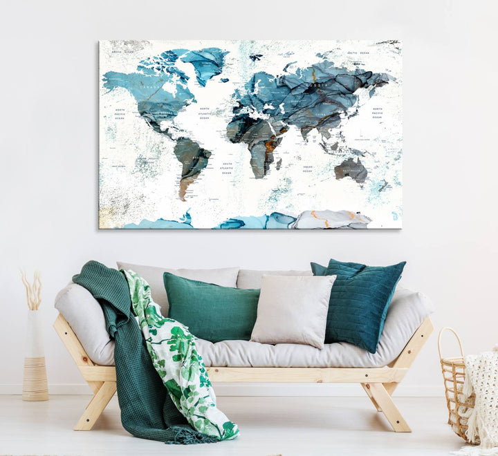 Push Pin World Map Wall Art Canvas Print adds a touch of elegance to the home decor.