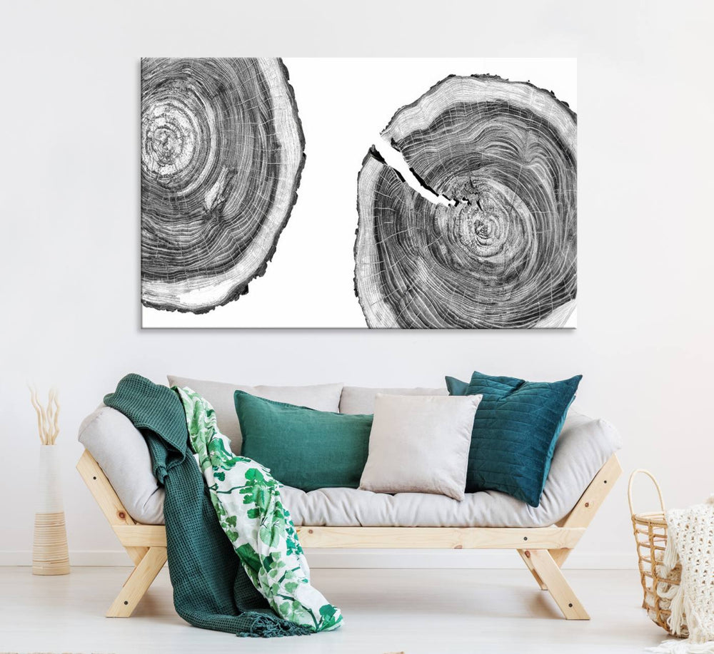 The modern black and white tree rings canvas art adds minimalist geometric decor with nature inspiration.