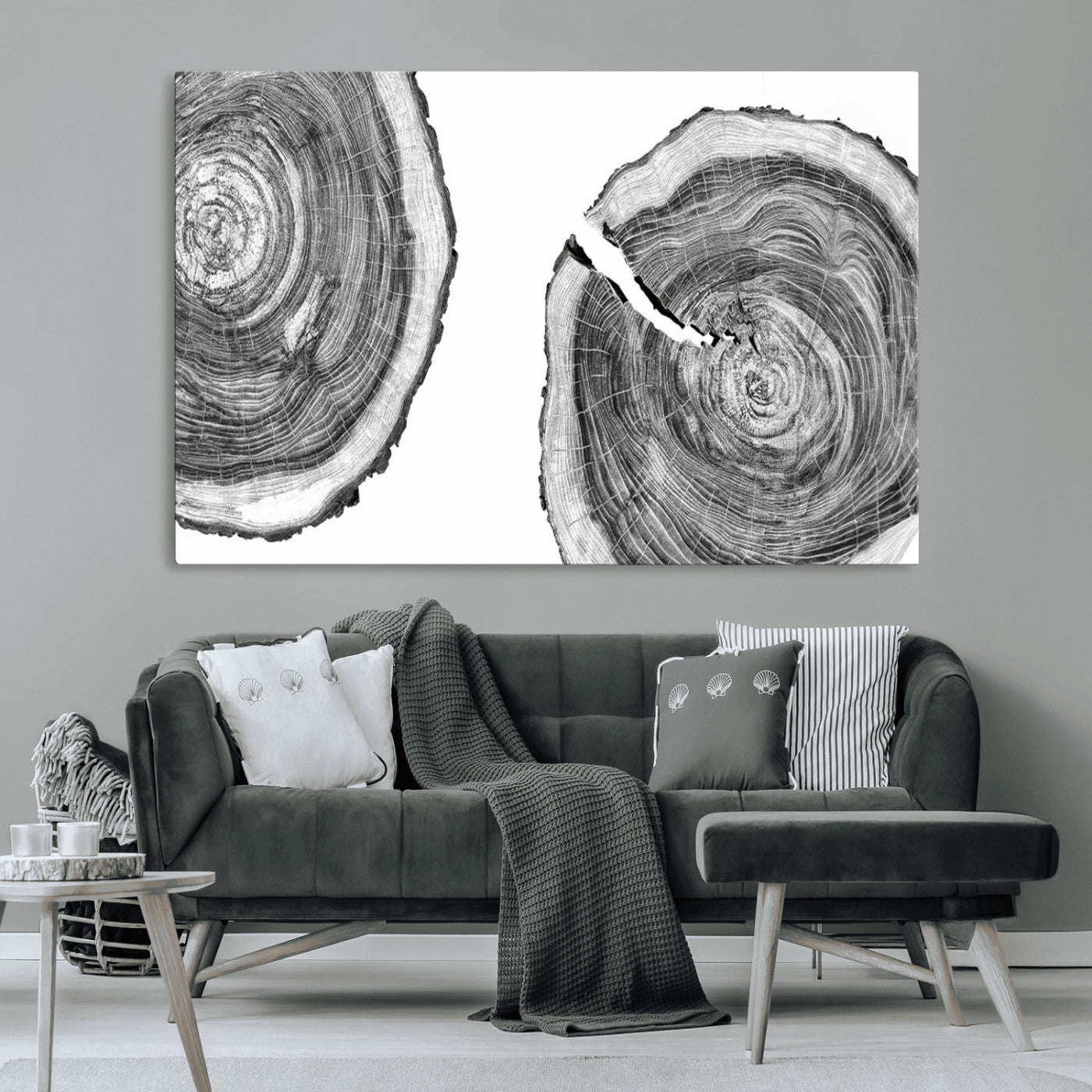MGV-CV-36X24 - Modern Black and White Tree Rings Canvas Wall Art – Nature Inspired Wood Slice Print – Minimalist