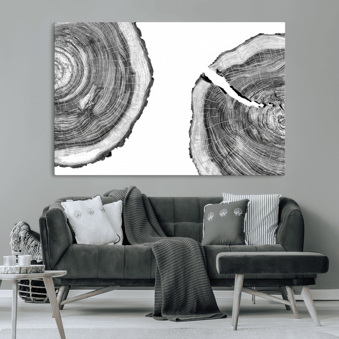 MGV-CV-36X24 - Abstract Large Tree Rings – Minimalist Black and White Wood Art | Triptych Canvas, Modern Wall Decor