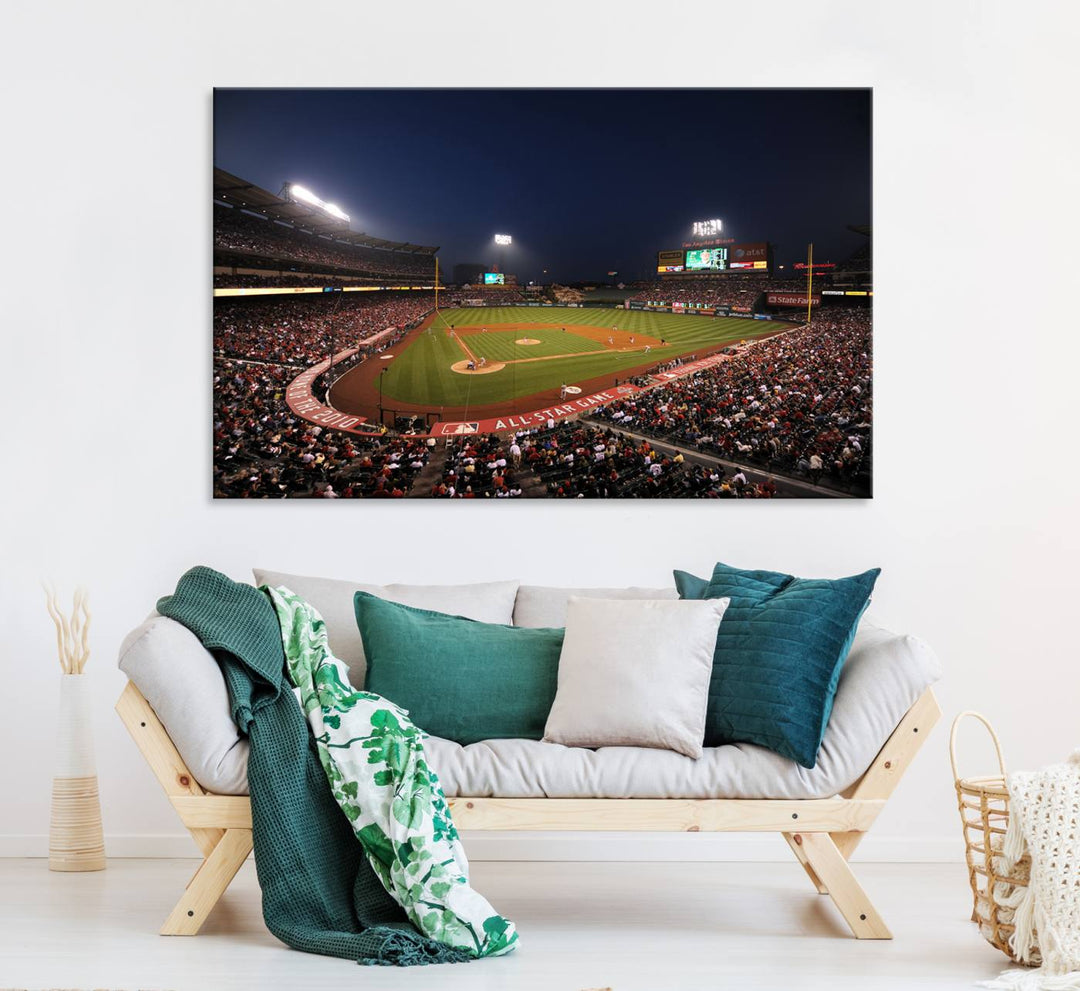 Aerial view of an LA Angels game at night, captured as stunning wall art on premium canvas, handmade in the USA.