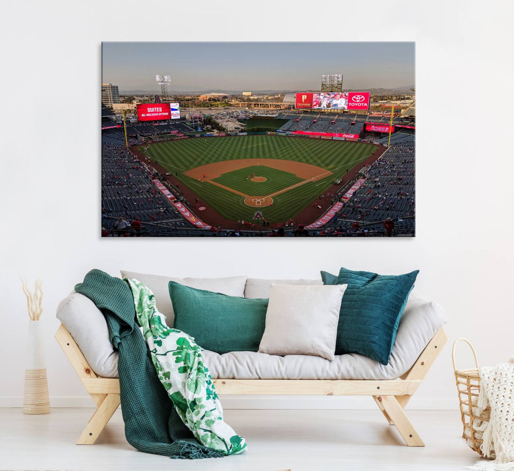 Aerial view of Angel Stadium, perfect as gallery-quality wall art - Los Angeles Angels Canvas Print.