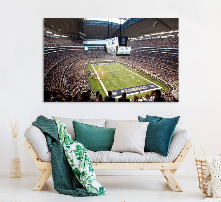 The wall art is a Dallas Cowboys AT&T Stadium Canvas Print, showcasing the iconic logo.