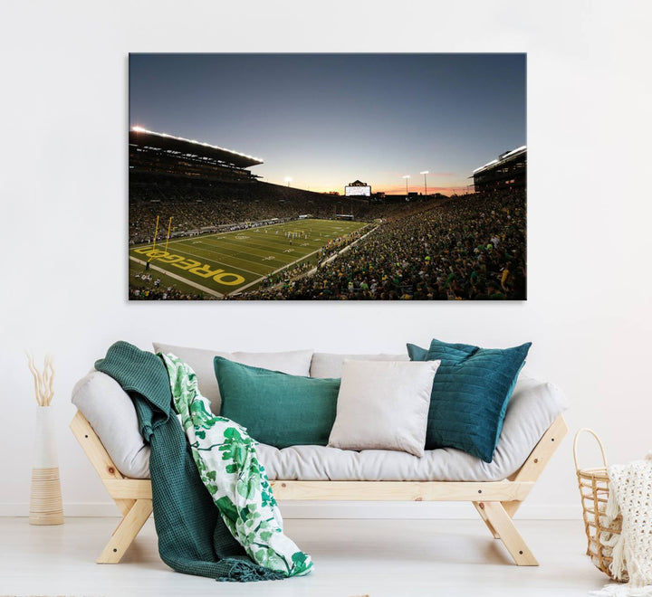 Canvas artwork depicting an Oregon Ducks football game at Autzen Stadium, capturing a sunset and packed stands.