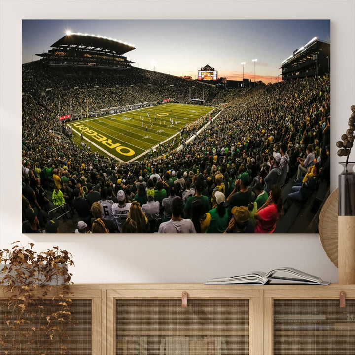 Autzen Stadium Evening Game Triple Canvas Wall Art - Oregon Ducks Football Match