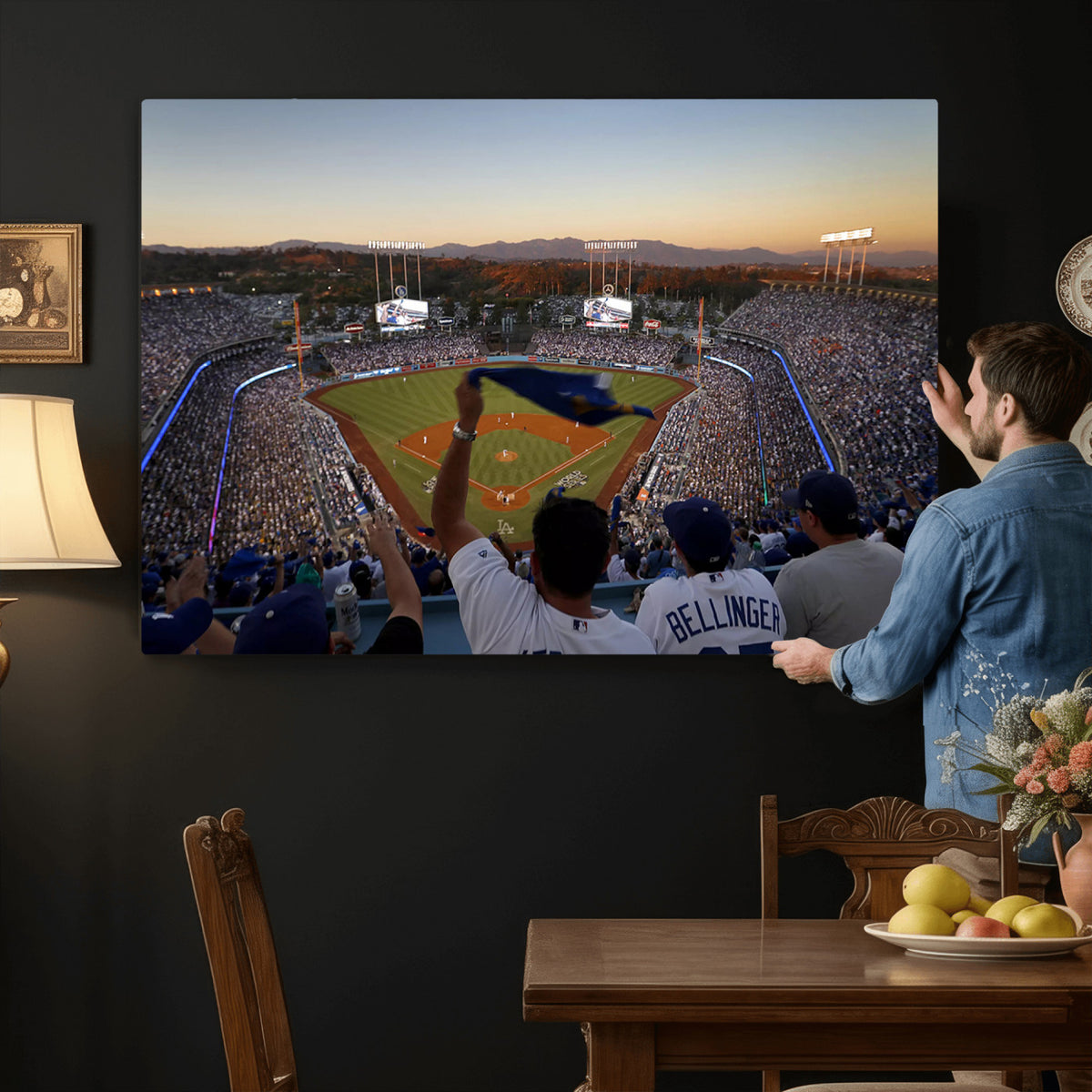 60162-MGV-CV-36X24 - Dodger Stadium Sunset Game Triple Canvas Wall Art, Los Angeles Dodgers MLB Match