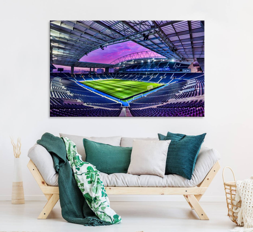 The FC Porto Soccer Team Dragon Stadium Wall Art Canvas Print decorates the room.