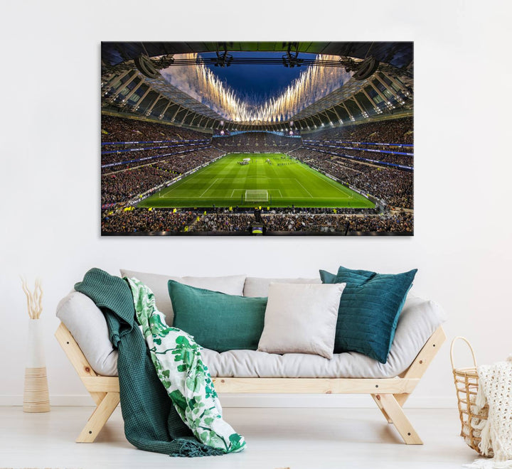 A stunning Tottenham Hotspur Stadium wall art captures the energy of a stadium packed with fans and vibrant lights.