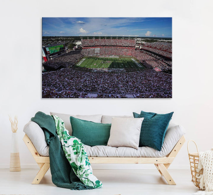 The wall art is a South Carolina Gamecocks print, showcasing Williams-Brice Stadium from a distance under clear skies.