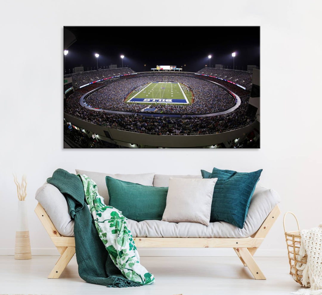 The Buffalo Bills NFL Highmark Stadium at night print captures the bright lights, conveying an exhilarating atmosphere.