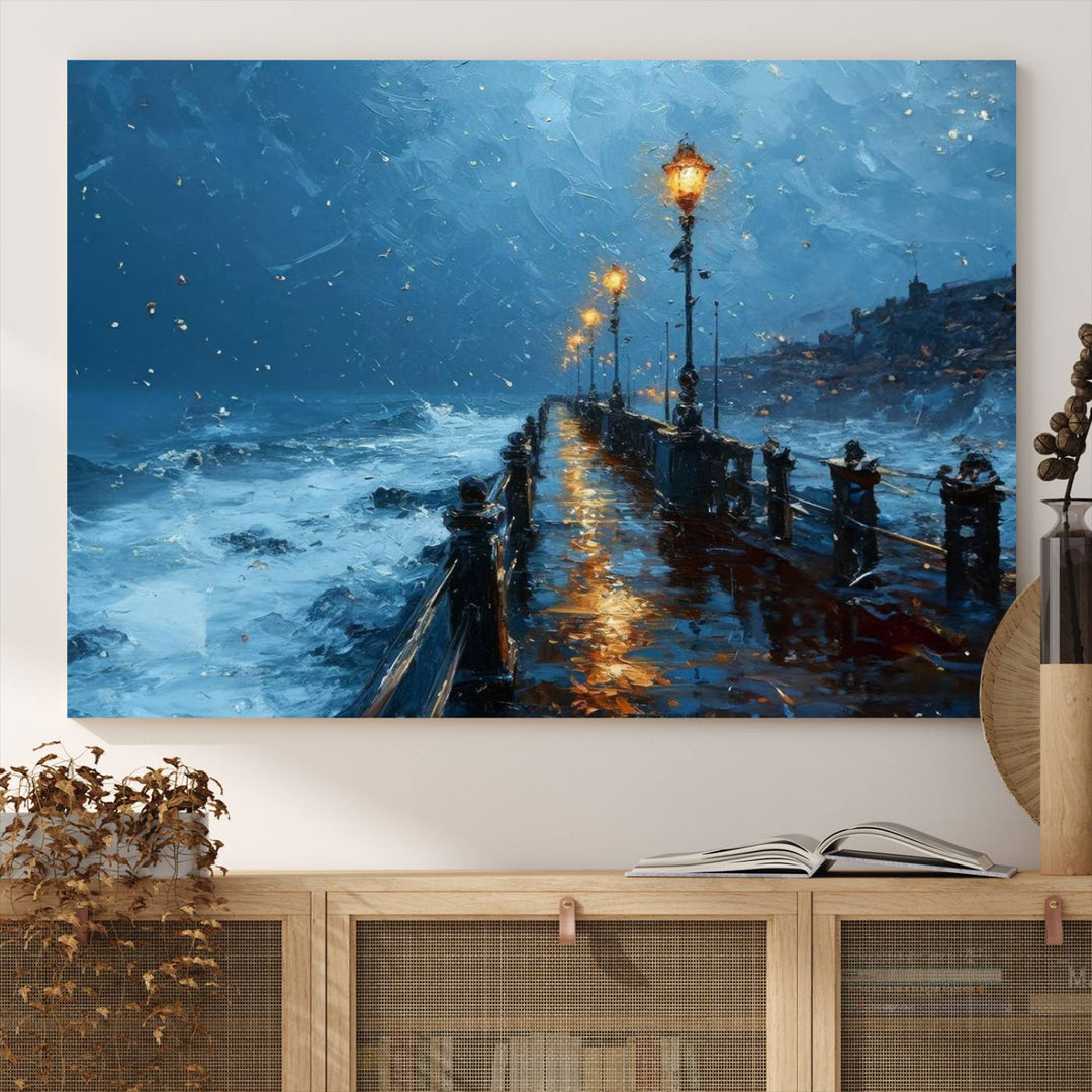 Framed 3-Panel Seaside Night Pier Oil Painting Canvas Wall Art | Ready to Hang Coastal Landscape Art for Modern Living Room, Office, or Bedroom Decor