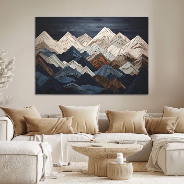 Rustic Mountain Landscape Wall Art Print - Wooden 3D Effect Mountain Canvas Print - Textured Peaks Wall Art for Cabin or Lodge Decor