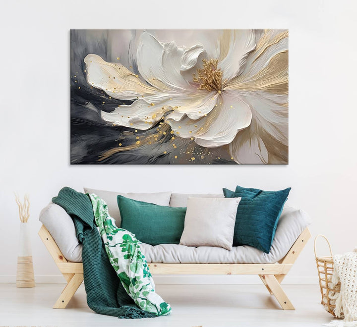 The abstract floral wall art canvas print features a large flower with gold accents.