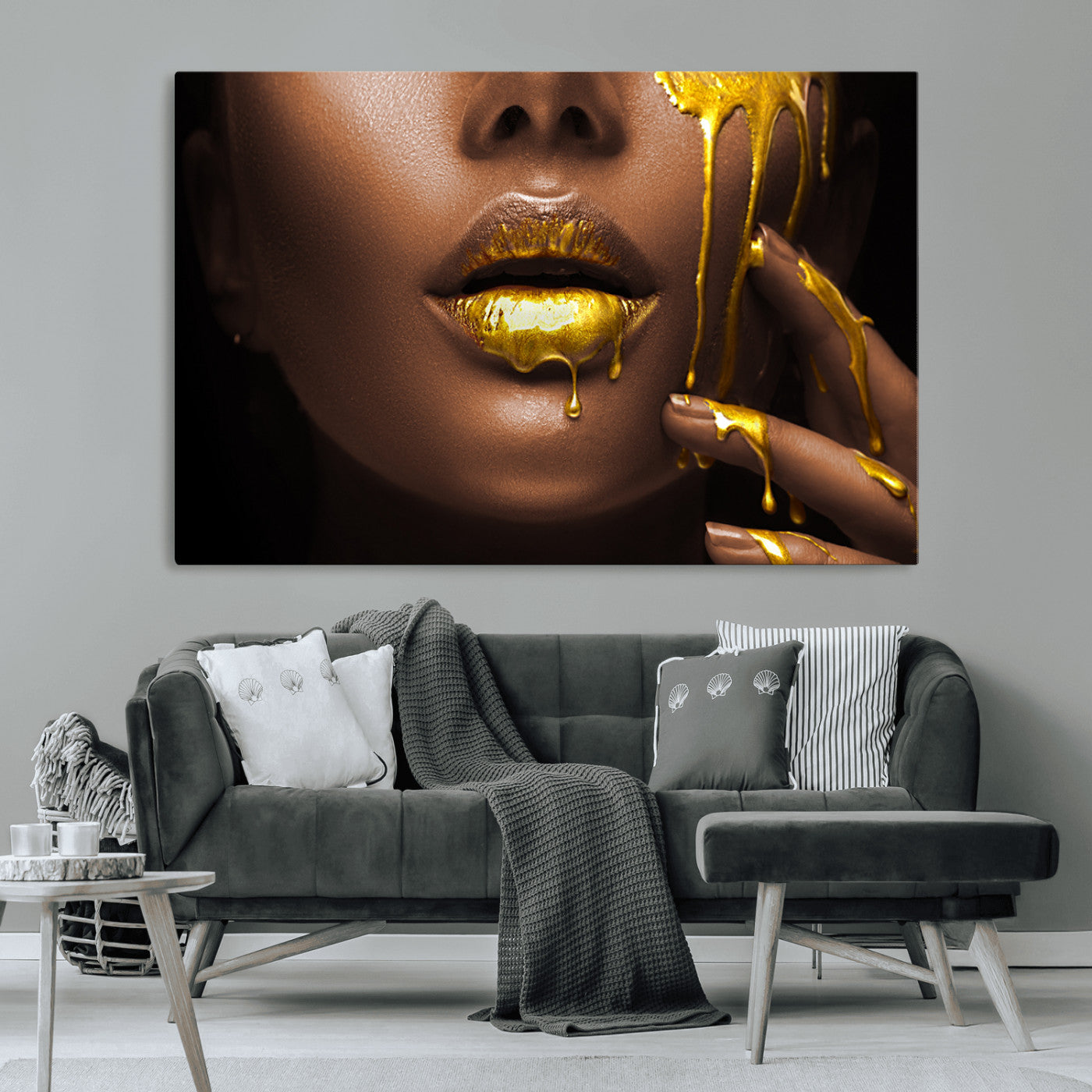 MGV-CV-36X24 - African American Art Black Woman Canvas Print, African Wall Art, Fashion African Woman Gold Lips