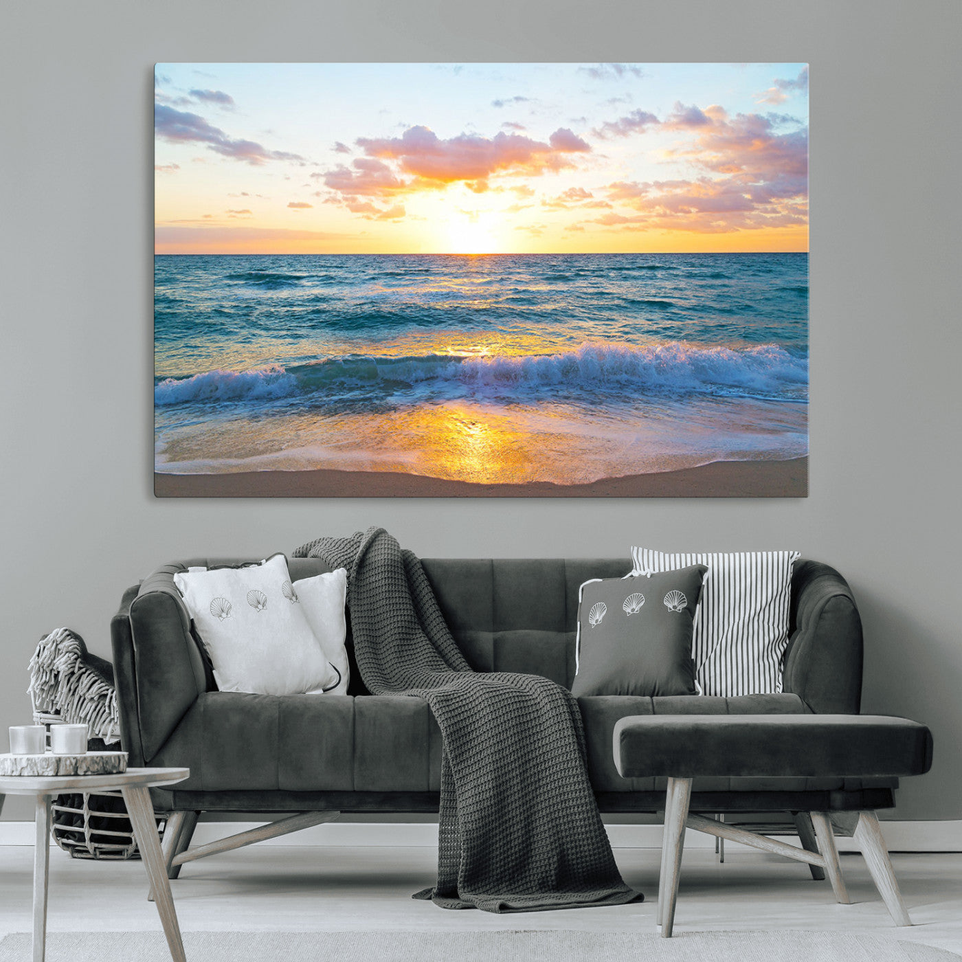 MGV-CV-36X24 - Golden Sunset Over Ocean Waves - Serene Coastal Triptych Wall Art for Relaxing Home Decor, Ready to