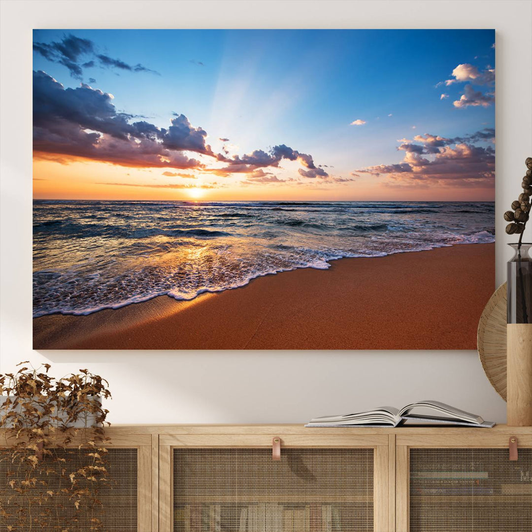 Golden Hour Beach Sunset Wall Art | Canvas Print | Ready to Hang | Coastal Wall Art for Living Room