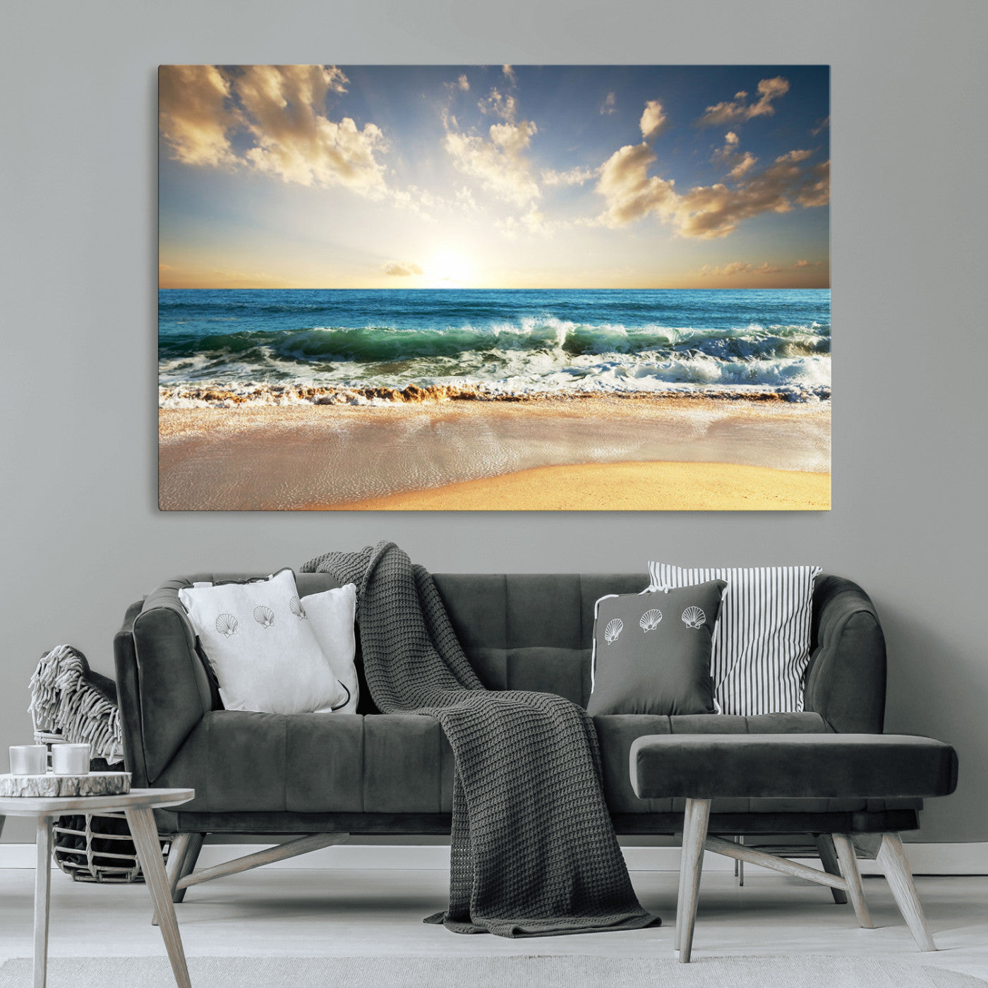 MGV-CV-36X24 - Golden Sunset Beach Triptych Canvas Wall Art for Living Room – 3-Panel Ocean View, Framed & Ready to