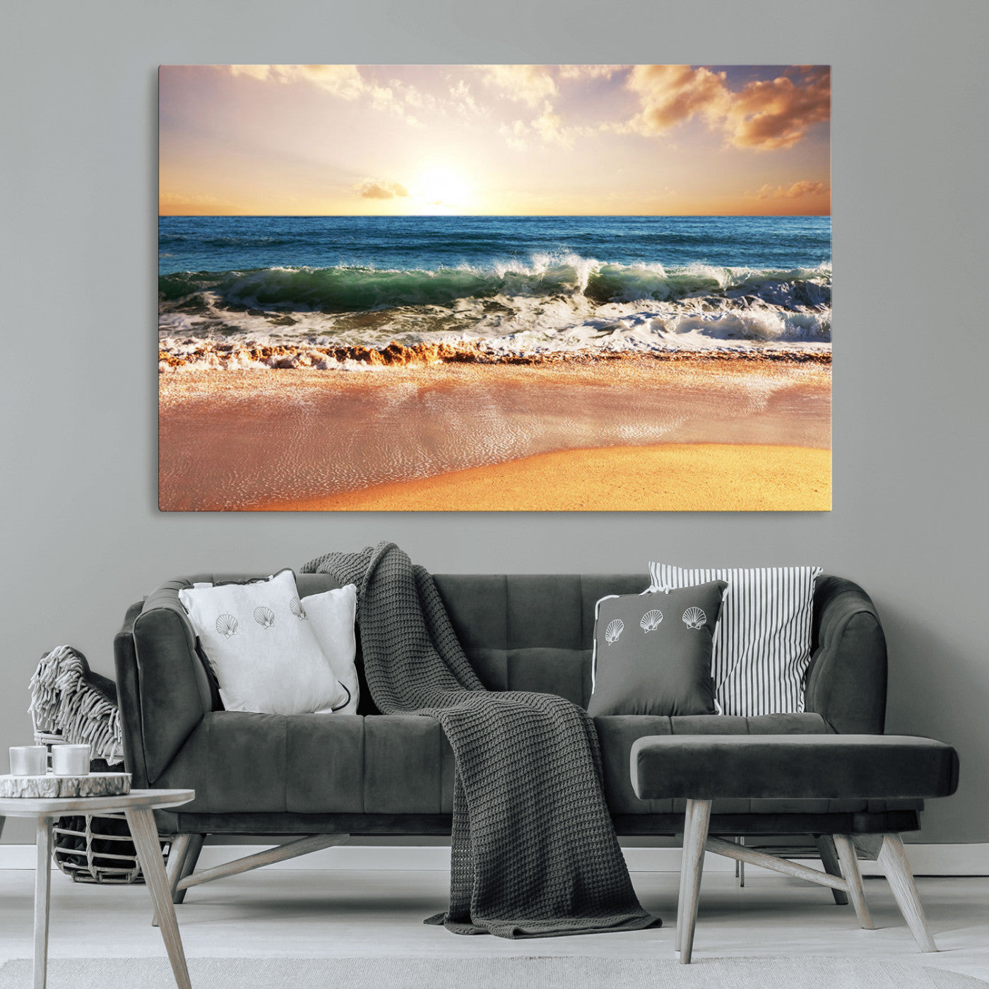 MGV-CV-36X24 - Sunset Beach Wall Art - 3-Panel Framed Canvas Print, Ready to Hang Ocean Sunset for Coastal and