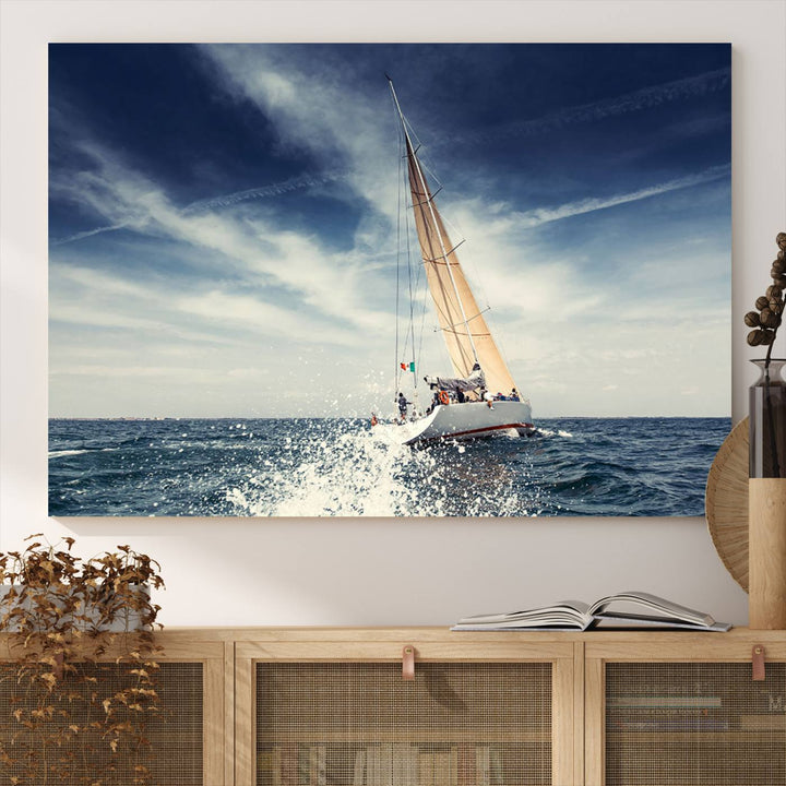 Sailboat Ocean Beach Blue Sky Wall Art Canvas Print