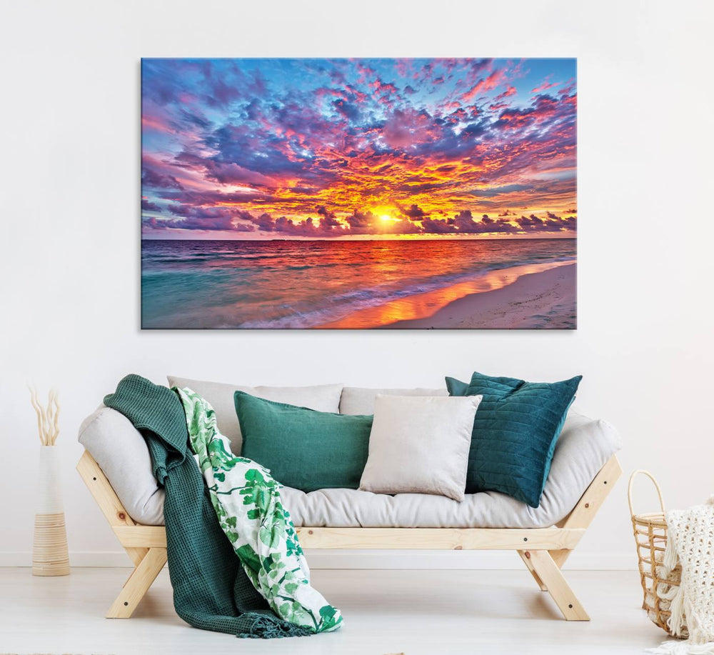 The Vibrant Sunset Beach Wall Art hangs prominently on the wall.