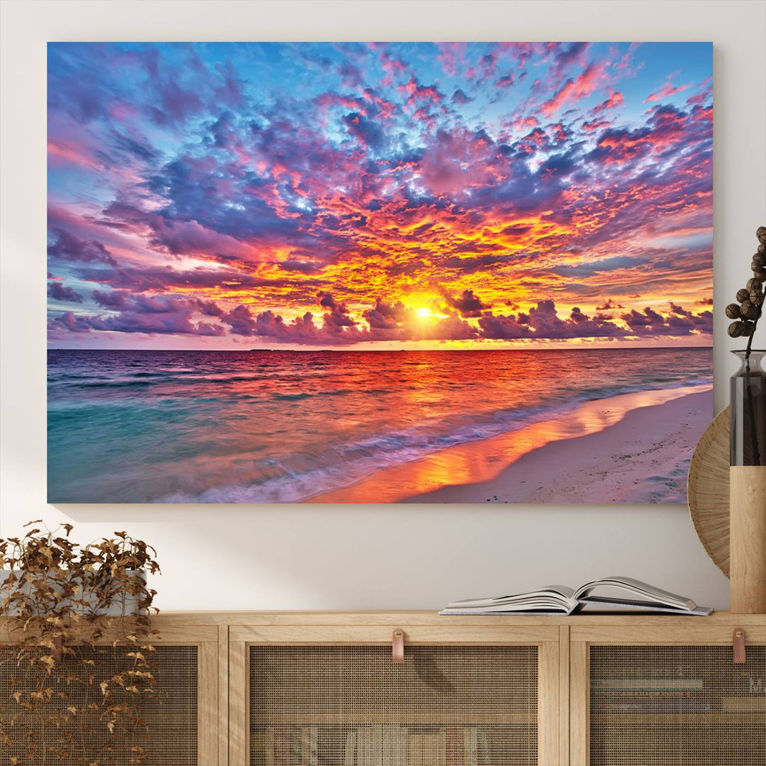 Vibrant Sunset Beach Wall Art | Ocean Sunset Canvas Print | Coastal Wall Art Decor | Ready to Hang | Stunning Sunset Scene for Home or Office Decor