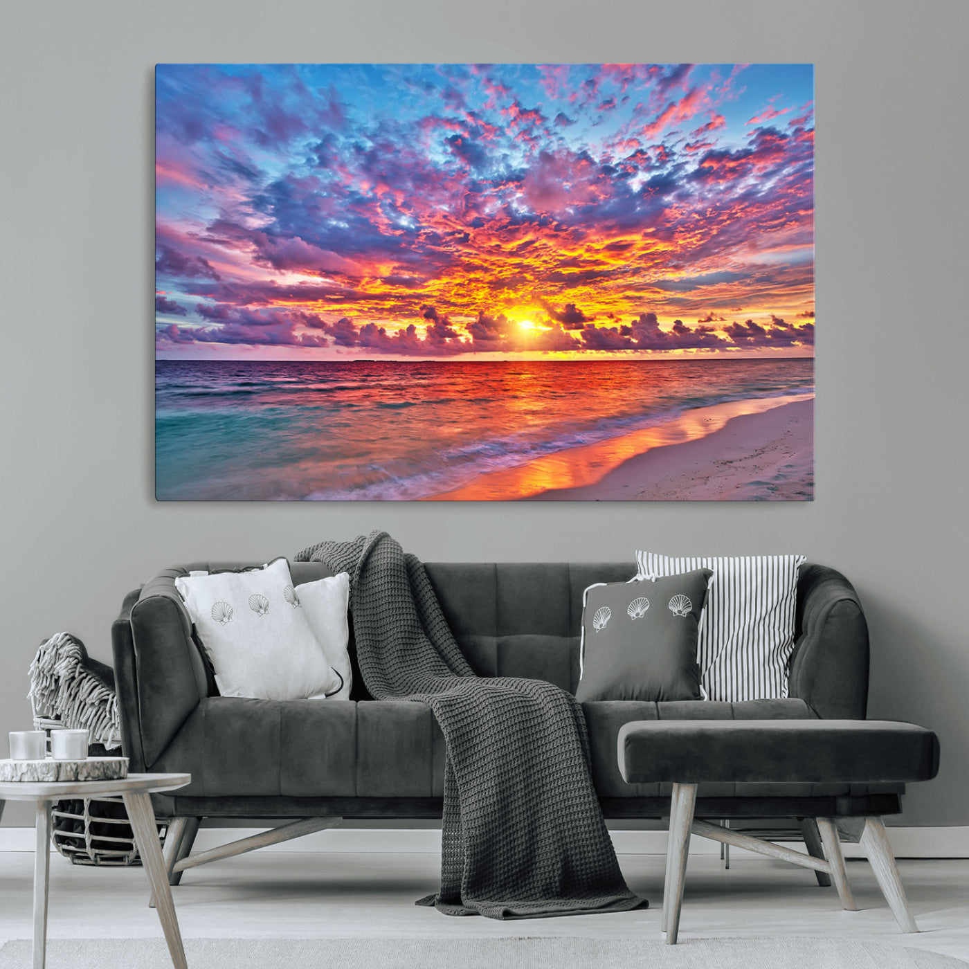 MGV-CV-36X24 - Vibrant Sunset Beach Wall Art - Ocean Sunset Canvas Print | Coastal Wall Art Decor Stunning Sunset