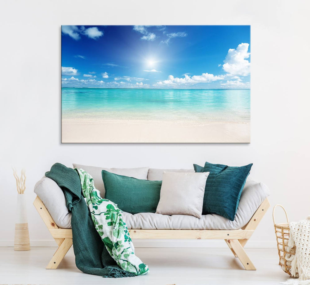 The Blue Ocean Wall Art Canvas Print hangs, creating a tranquil paradise.