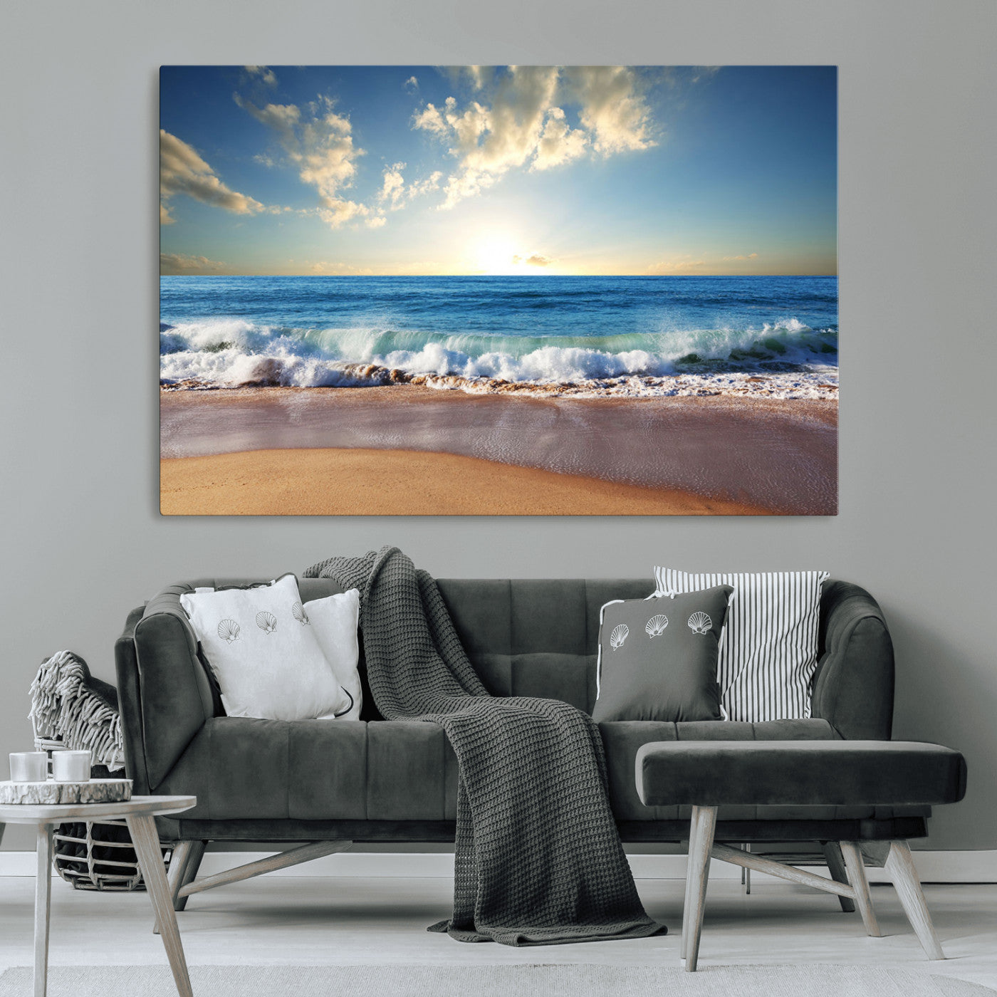 MGV-CV-36X24 - Serene Ocean Sunset Canvas Wall Art - Beach Waves at Sunset, Ready to Hang