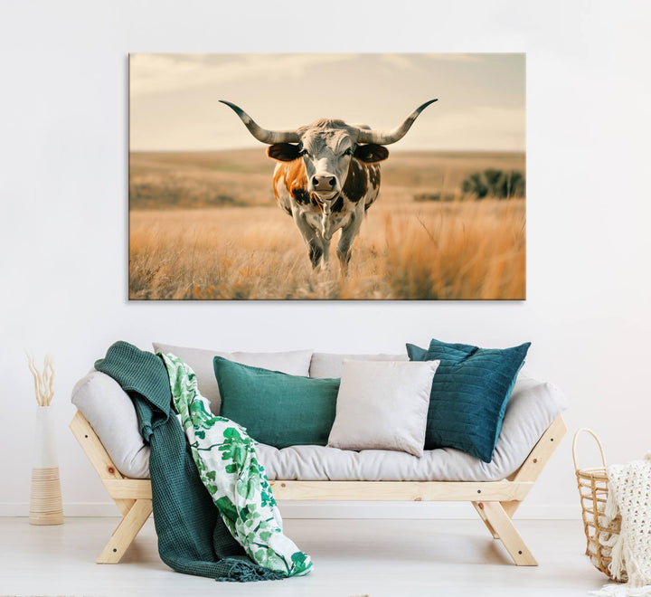 The Texas Cow Longhorn Wall Art Canvas adds rustic charm to the decor.