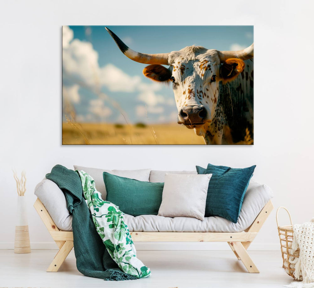 The Longhorn in the Prairie triptych cowboy wall art is ideal for western decor.