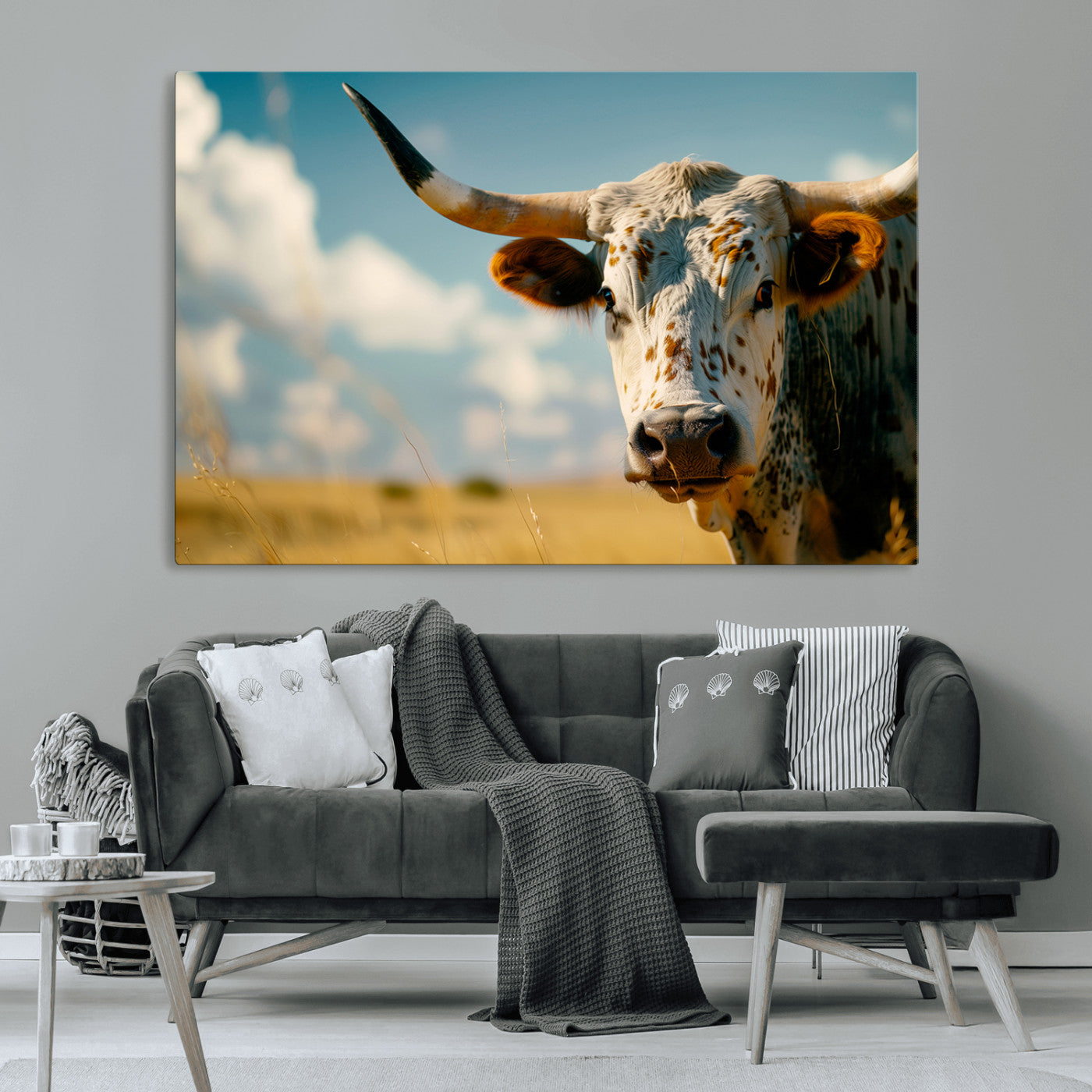 MGV-CV-36X24 - Longhorn in the Prairie - Stunning Ranch-Style Triptych Wall Art for Western Home Decor, Cowboy Wall